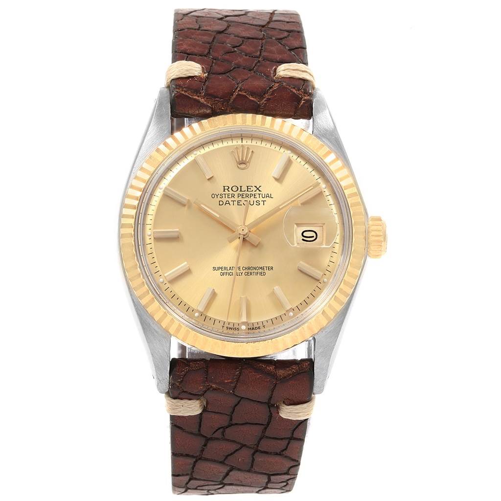 This image shows a front view of the Rolex Vintage Collection 1601 Men's Steel and Gold (two tone) Champagne Dial 1601 Men's Steel and Gold (two tone) Champagne Dial model, highlighting the face, bezel, crown, and leather strap.
