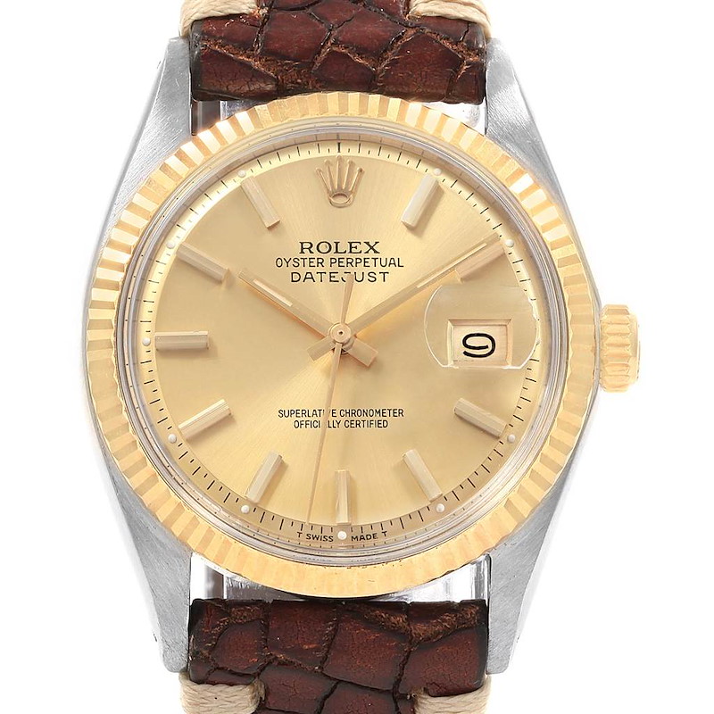 Rolex Datejust Steel Yellow Gold Brown Strap Vintage Mens Watch 1601 SwissWatchExpo