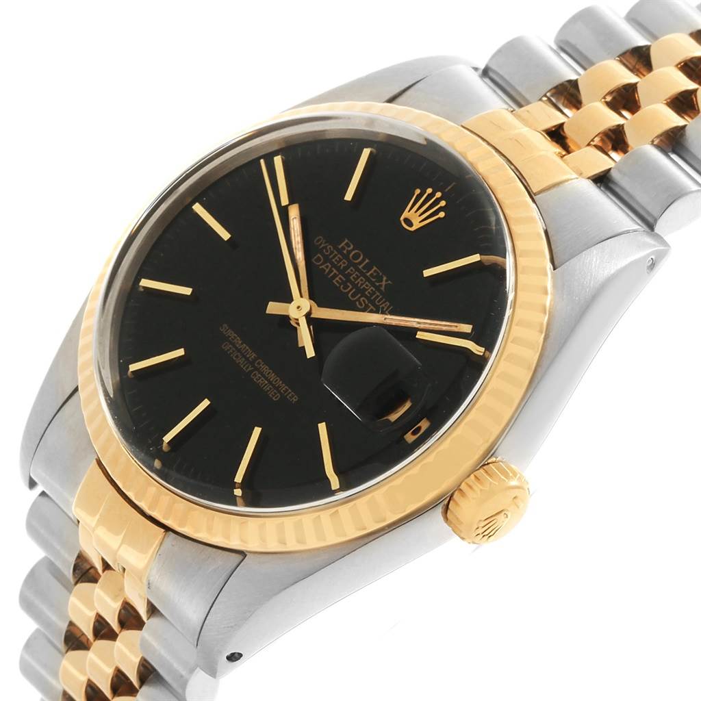 The Rolex Vintage Collection 16013 Men's Stainless Steel Black Dial 16013 Men's Stainless Steel Black Dial model watch is shown from an angled view, highlighting the face, bezel, crown, and bracelet.