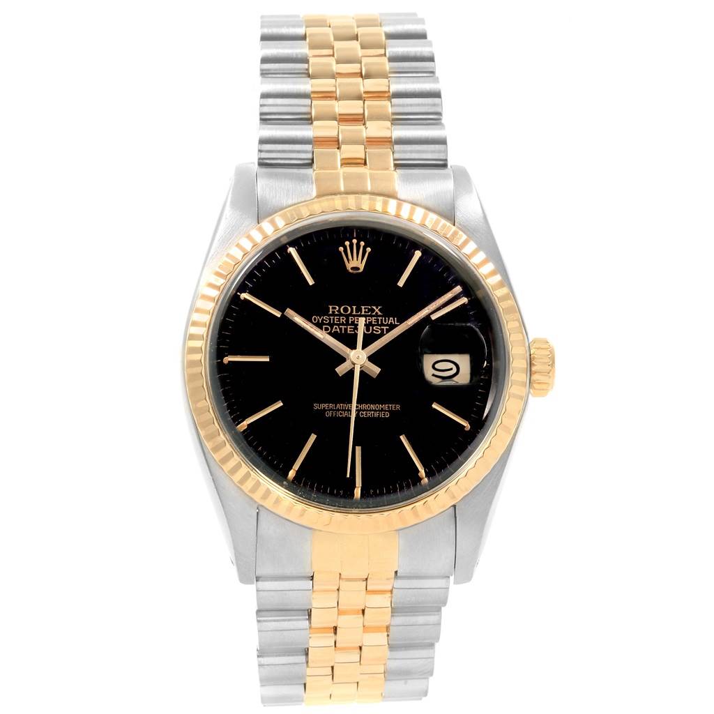 The Rolex Vintage Collection 16013 Men's Stainless Steel Black Dial 16013 Men's Stainless Steel Black Dial model watch is shown from the front, displaying the gold and silver bracelet, black dial, and date window.