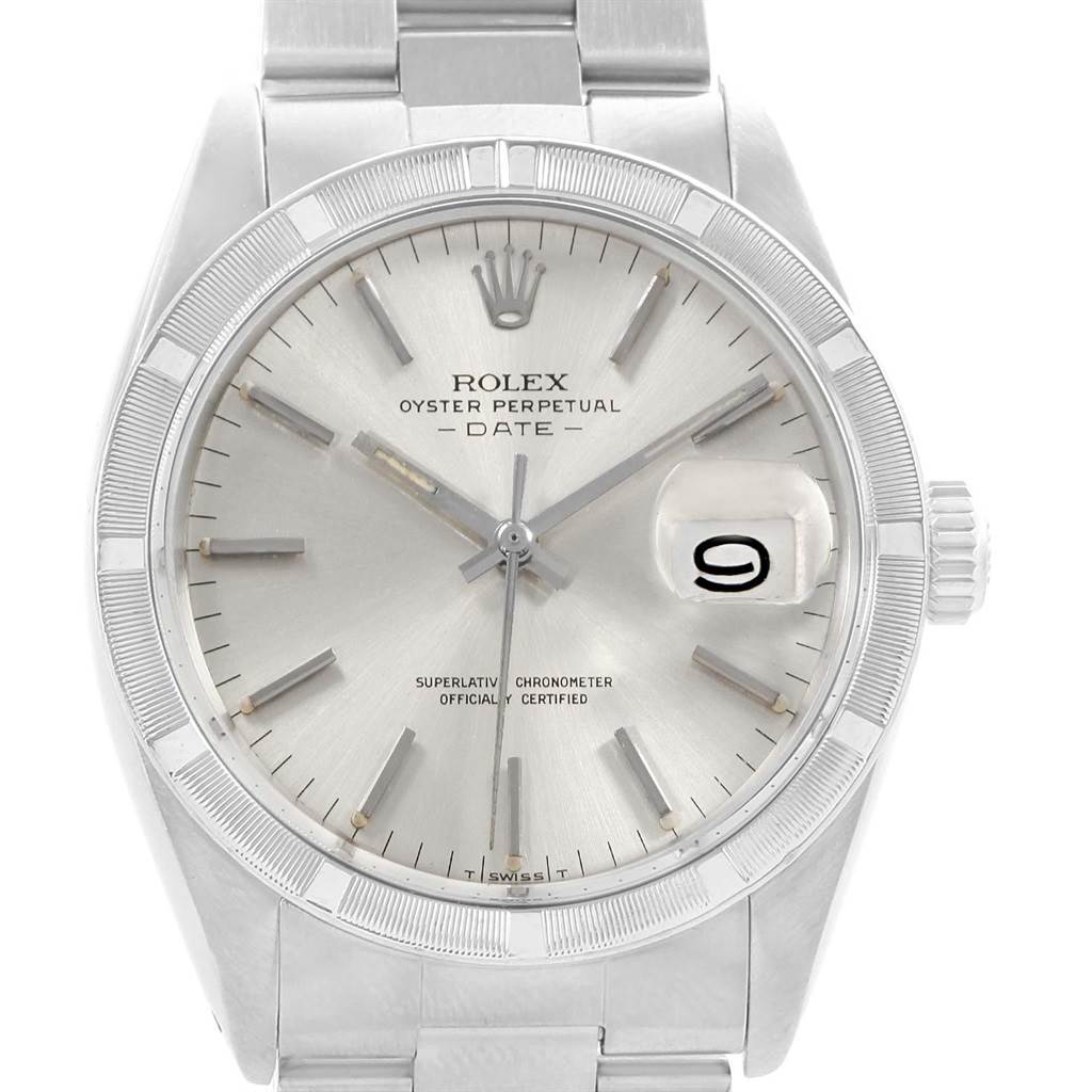 This image shows a front view of the Rolex Vintage Collection 1501 Men's Stainless Steel Silver Dial 1501 Men's Stainless Steel Silver Dial Oyster Perpetual Date watch, highlighting the dial and date window.