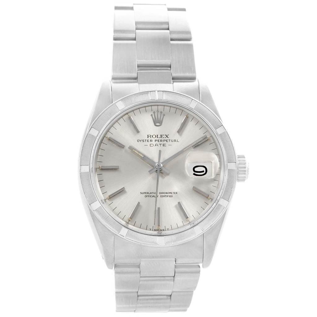 The image shows the front view of a Rolex Vintage Collection 1501 Men's Stainless Steel Silver Dial 1501 Men's Stainless Steel Silver Dial Oyster Perpetual Date watch with silver dial and metal bracelet.