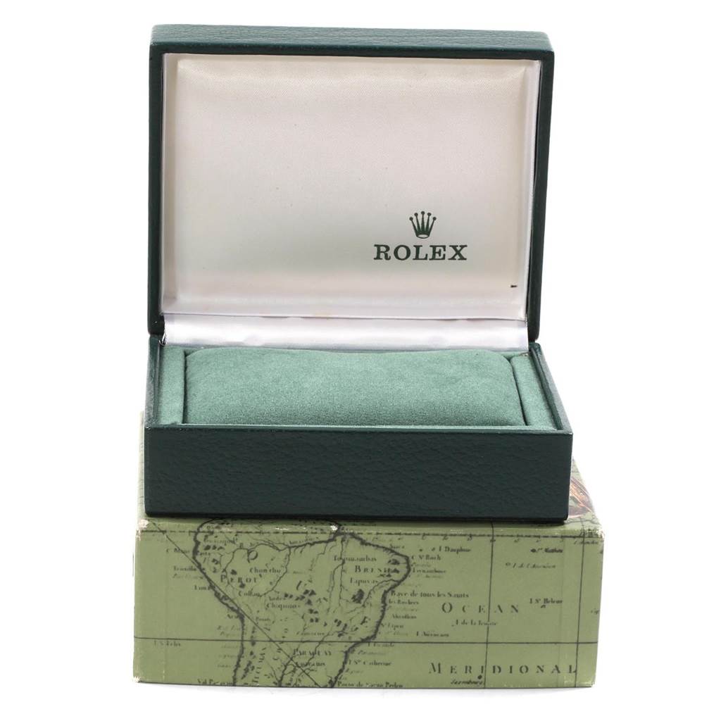 The image shows an open Rolex Vintage Collection 1501 Men's Stainless Steel Silver Dial 1501 Men's Stainless Steel Silver Dial watch box, revealing the interior cushioned pillow and the Rolex logo.