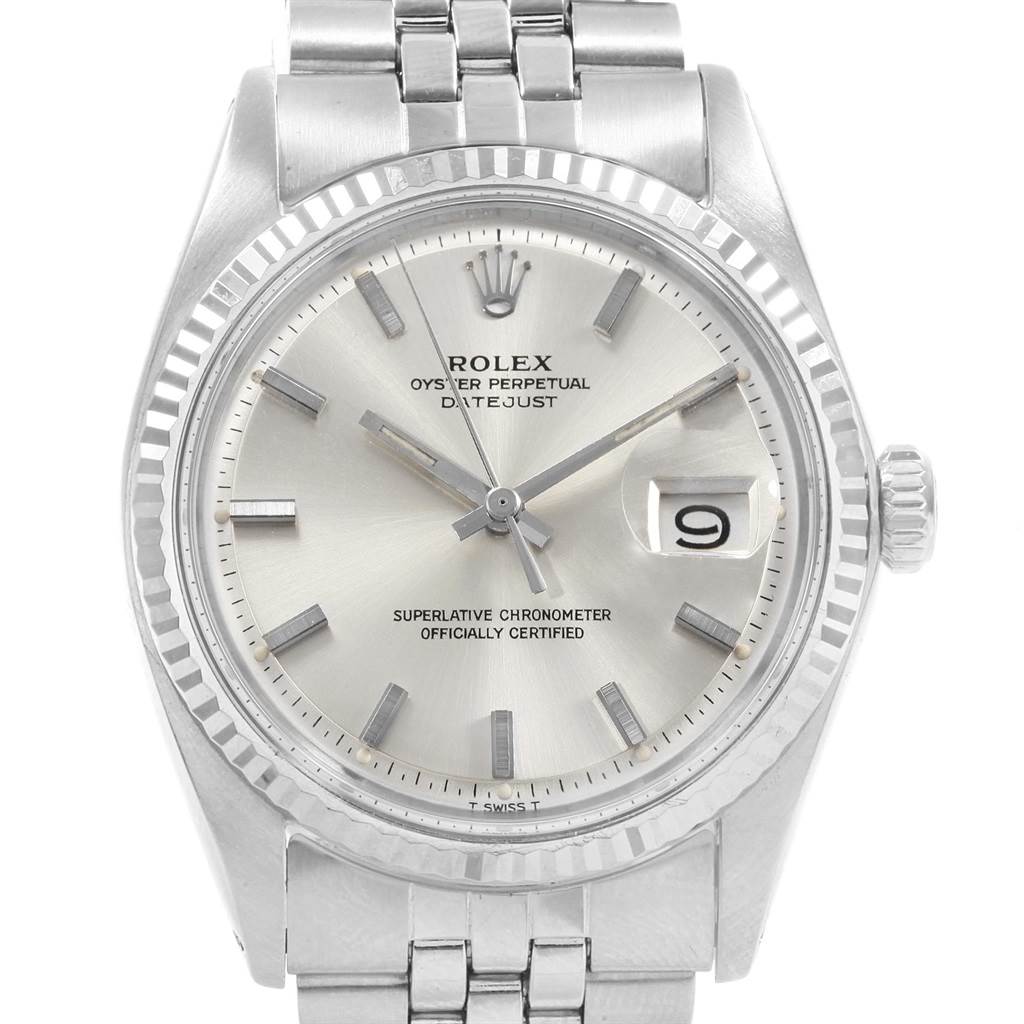 This image shows a Rolex Vintage Collection 1603 Men's Stainless Steel Silver Dial 1603 Men's Stainless Steel Silver Dial model watch from a frontal angle, highlighting the dial, bezel, and part of the bracelet.