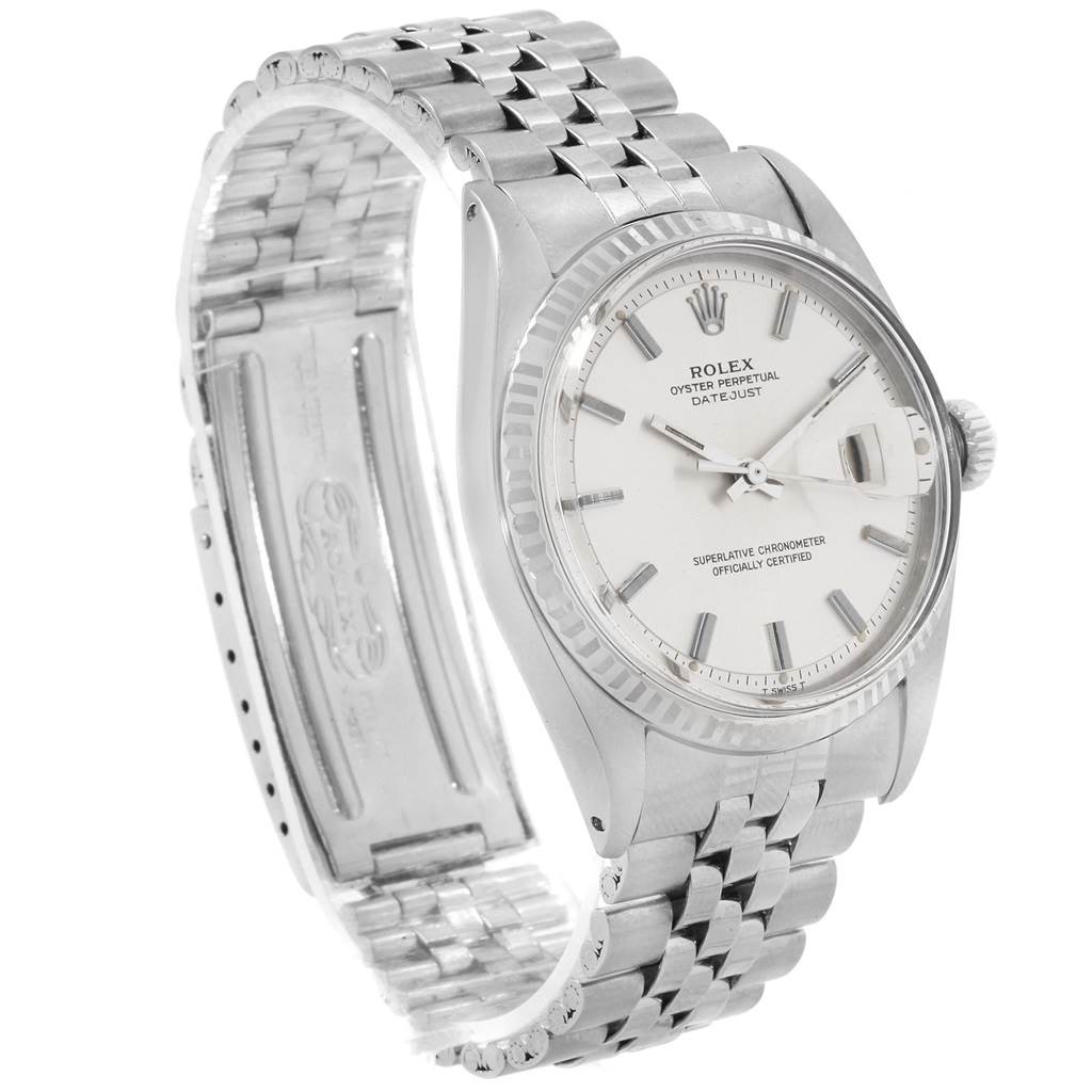 The Rolex Vintage Collection 1603 Men's Stainless Steel Silver Dial 1603 Men's Stainless Steel Silver Dial watch is shown at a slight angle, highlighting its face, bezel, and open stainless steel bracelet.