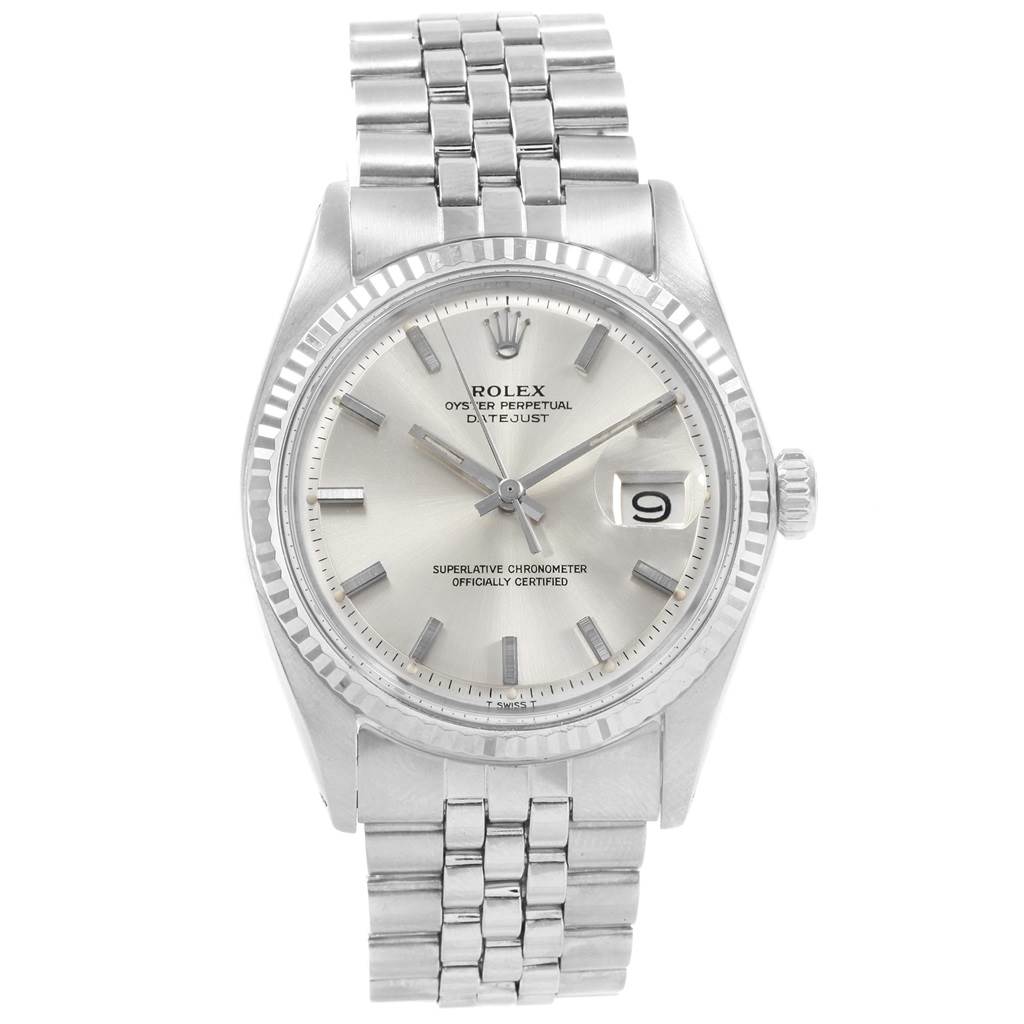 The Rolex Vintage Collection 1603 Men's Stainless Steel Silver Dial 1603 Men's Stainless Steel Silver Dial model watch is shown from a front angle, displaying its face, bezel, bracelet, and crown.