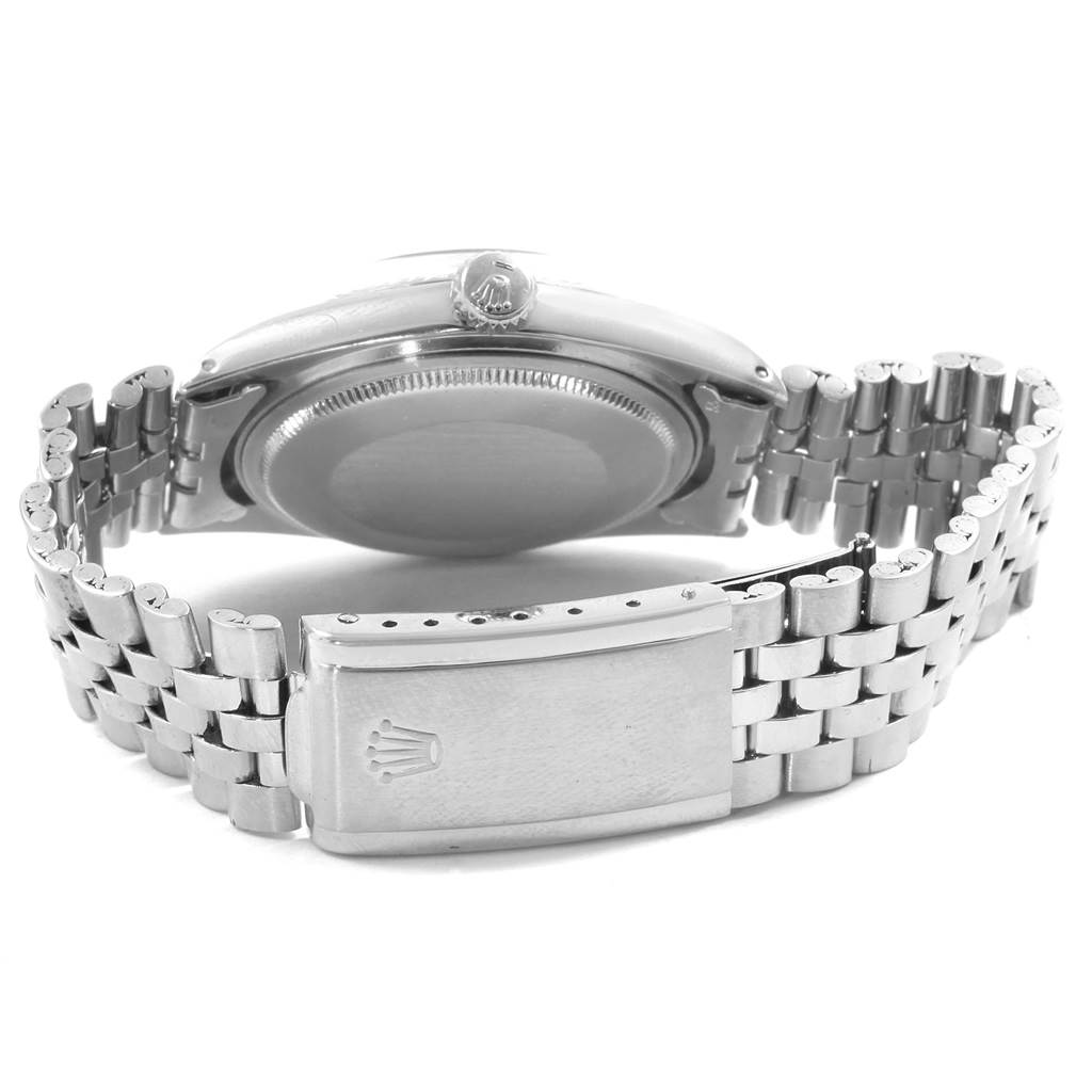 The image shows the back and side view of a Rolex Vintage Collection 1603 Men's Stainless Steel Silver Dial 1603 Men's Stainless Steel Silver Dial watch, highlighting its case back, bracelet, and clasp.