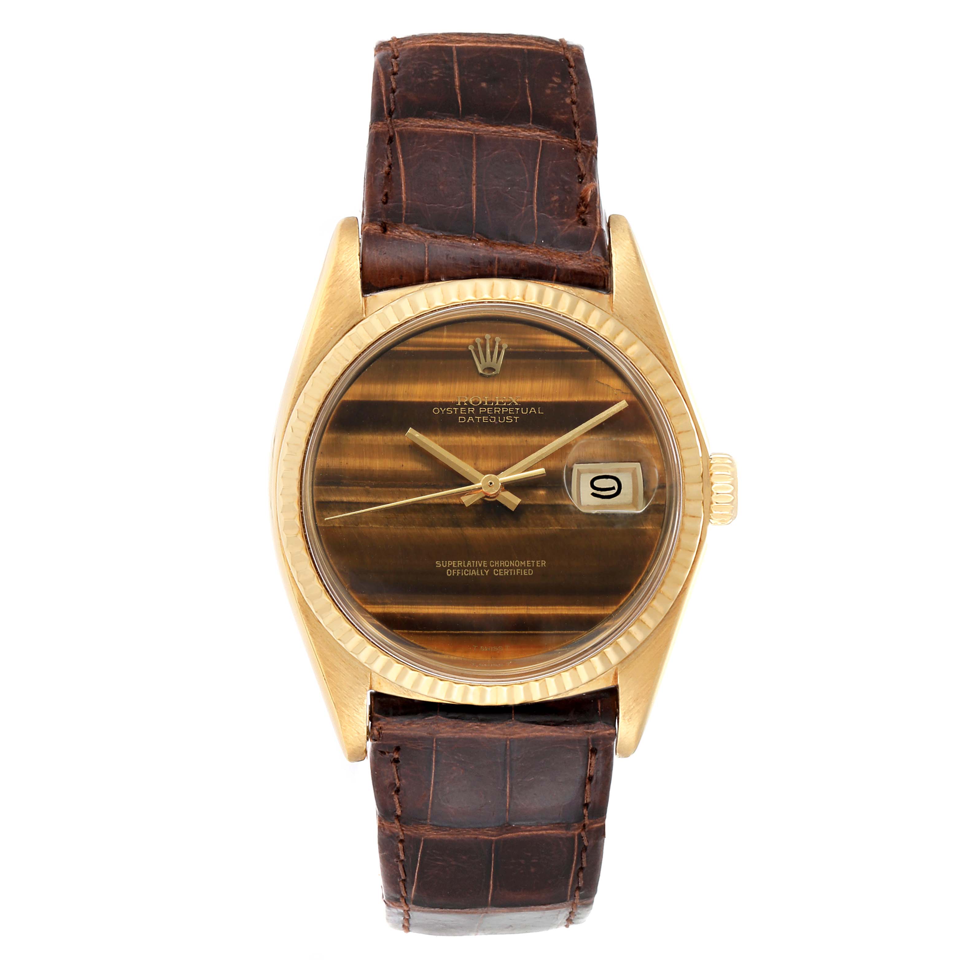 The image shows a front view of a Rolex Vintage Collection 1601 Men
s Yellow Gold Brown Dial 1601 Men
s Yellow Gold Brown Dial watch featuring its dial, case, crown, and leather strap.