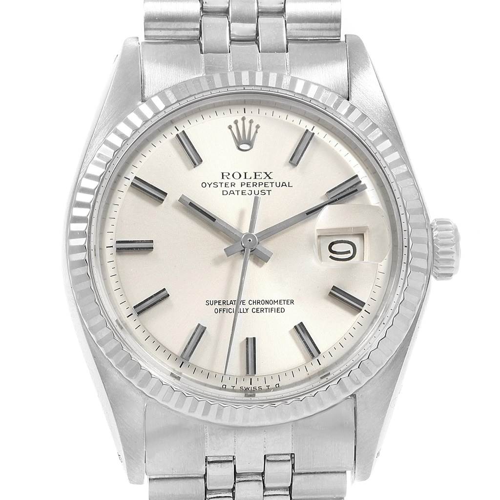 The image shows a frontal view of the Rolex Vintage Collection 1601 Men's Stainless Steel Silver Dial 1601 Men's Stainless Steel Silver Dial Datejust, displaying the dial, case, bezel, crown, and part of the bracelet.