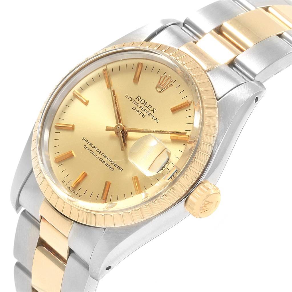 This image shows a close-up angled view of the Rolex Vintage Collection 1505 Men's Steel and Gold (two tone) Champagne Dial 1505 Men's Steel and Gold (two tone) Champagne Dial model watch, highlighting the dial, bezel, and bracelet.