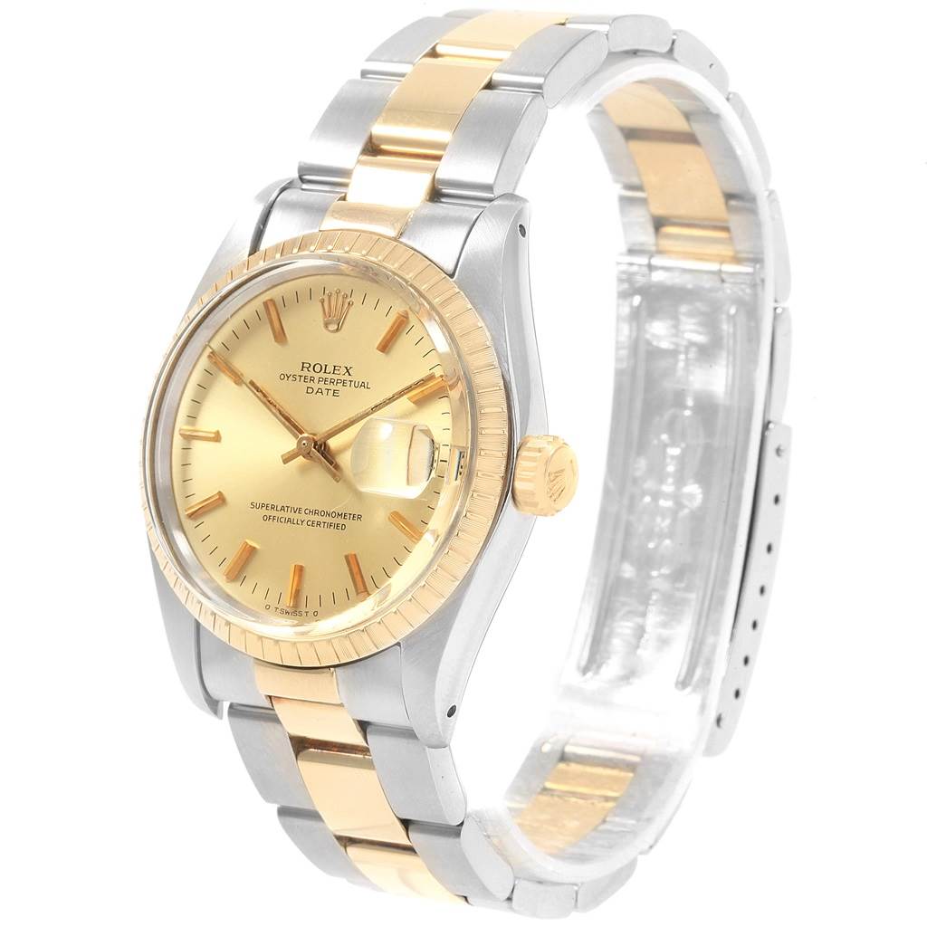 The Rolex Vintage Collection 1505 Men's Steel and Gold (two tone) Champagne Dial 1505 Men's Steel and Gold (two tone) Champagne Dial model is pictured at a slight angle, showcasing its gold dial, two-tone bracelet, crown, and date window.