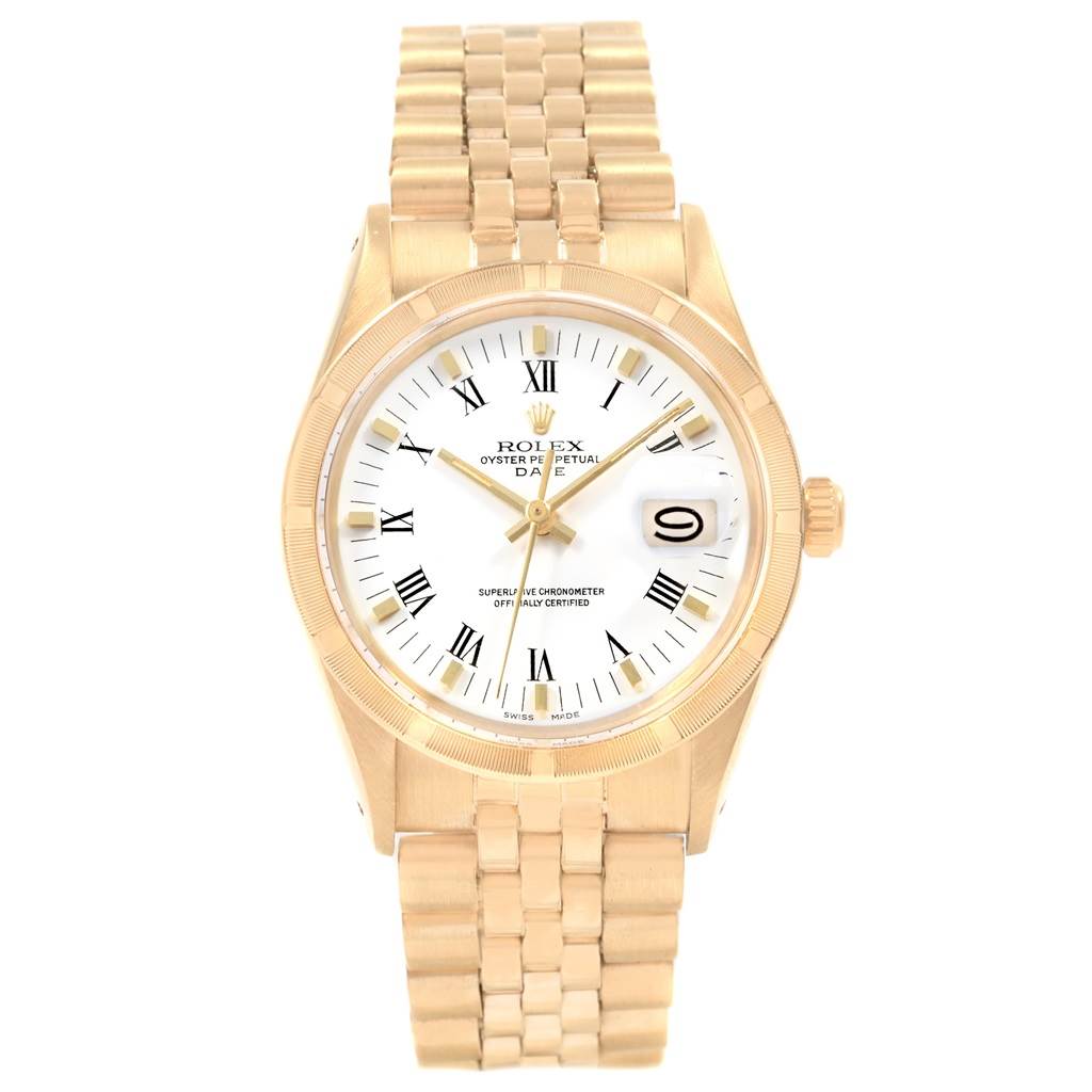 This image shows a front view of the Rolex Vintage Collection 15017 Men's Yellow Gold White Dial 15017 Men's Yellow Gold White Dial watch, displaying the whole watch face, case, and bracelet.
