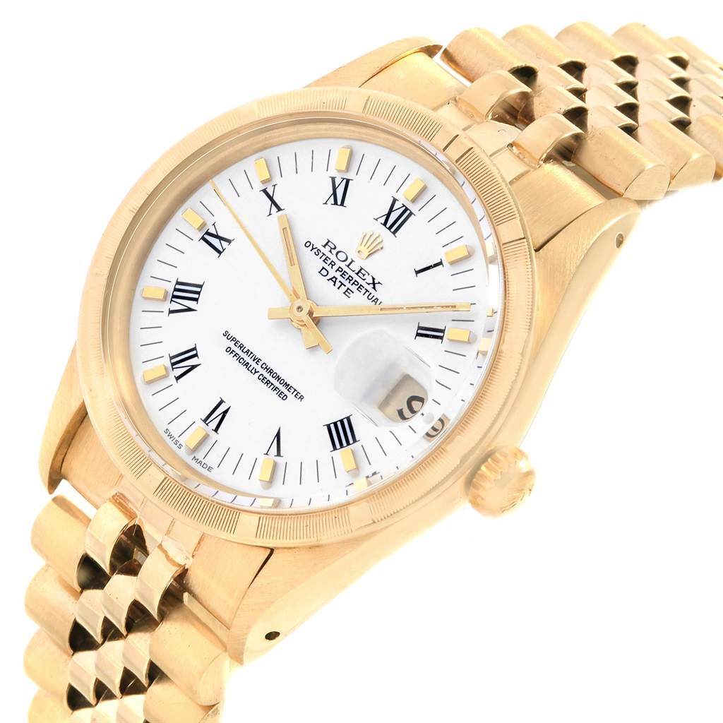 The image shows a Rolex Vintage Collection 15017 Men's Yellow Gold White Dial 15017 Men's Yellow Gold White Dial watch at a slight angle, highlighting the dial, bezel, crown, and bracelet.