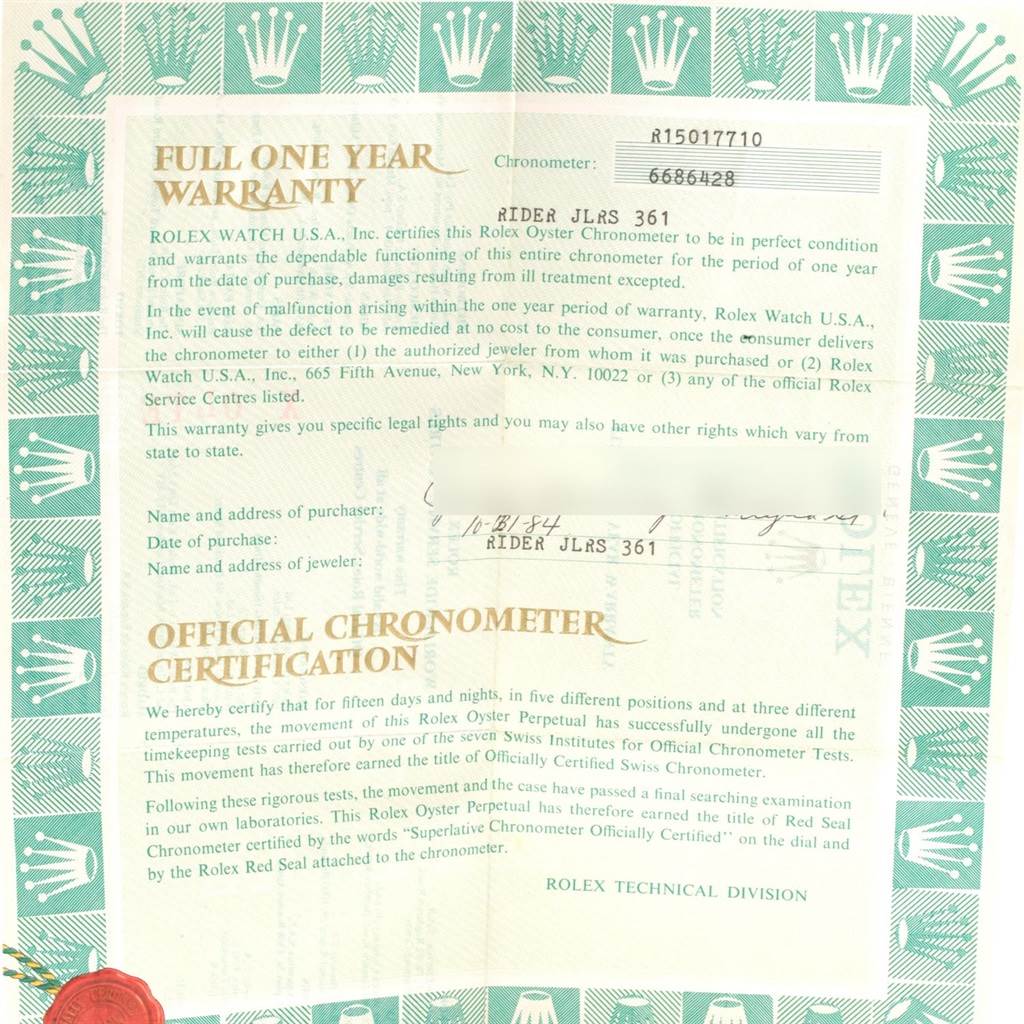 The image shows a full one-year warranty and official chronometer certification documents for a Rolex Vintage Collection 15017 Men's Yellow Gold White Dial 15017 Men's Yellow Gold White Dial model.