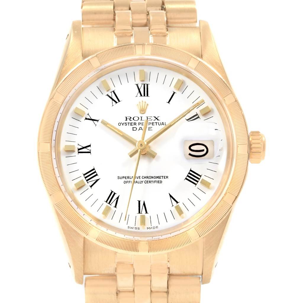 The Rolex Vintage Collection 15017 Men's Yellow Gold White Dial 15017 Men's Yellow Gold White Dial model is shown from a front angle, displaying the dial, hands, bezel, and portion of the bracelet.