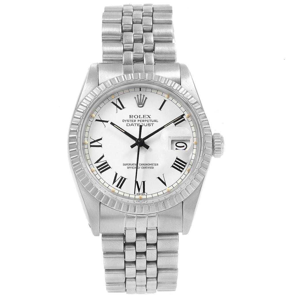 The Rolex Vintage Collection 16030 Men
s Stainless Steel White Dial 16030 Men
s Stainless Steel White Dial watch is shown from a top-down angle, displaying the dial, bracelet, and fluted bezel.
