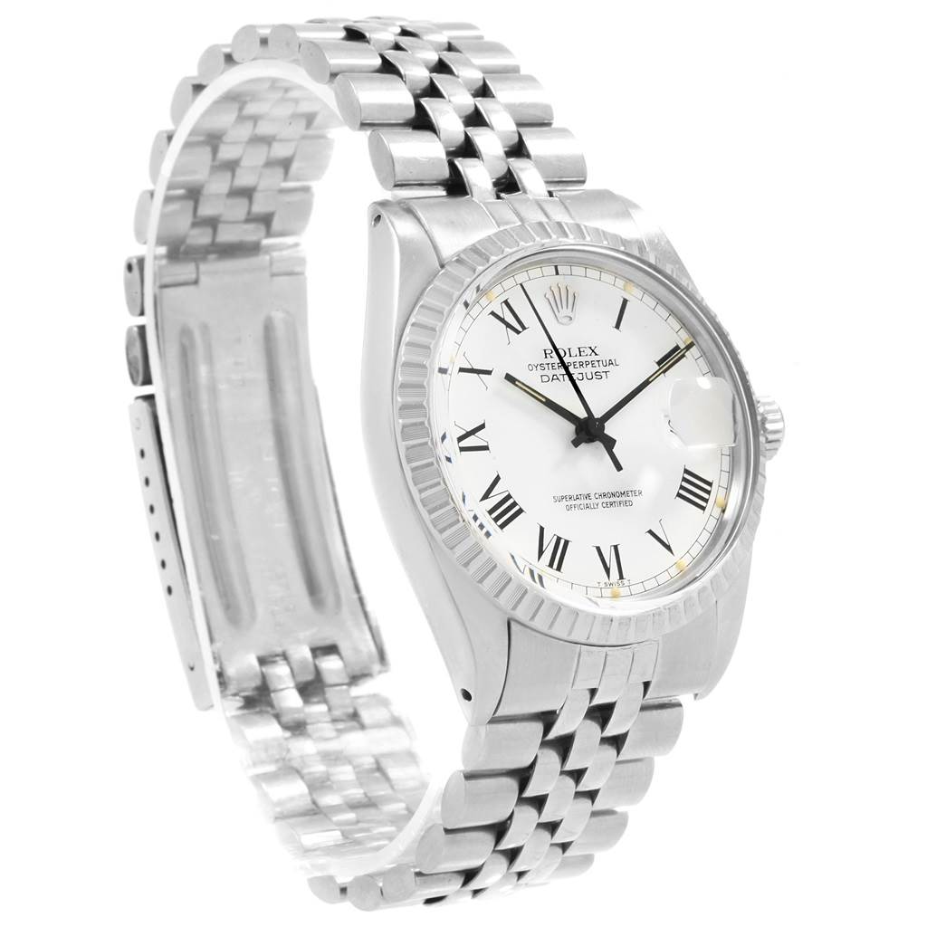 The Rolex Vintage Collection 16030 Men
s Stainless Steel White Dial 16030 Men
s Stainless Steel White Dial watch is shown at a three-quarter angle, highlighting its white dial, roman numerals, and metal bracelet.
