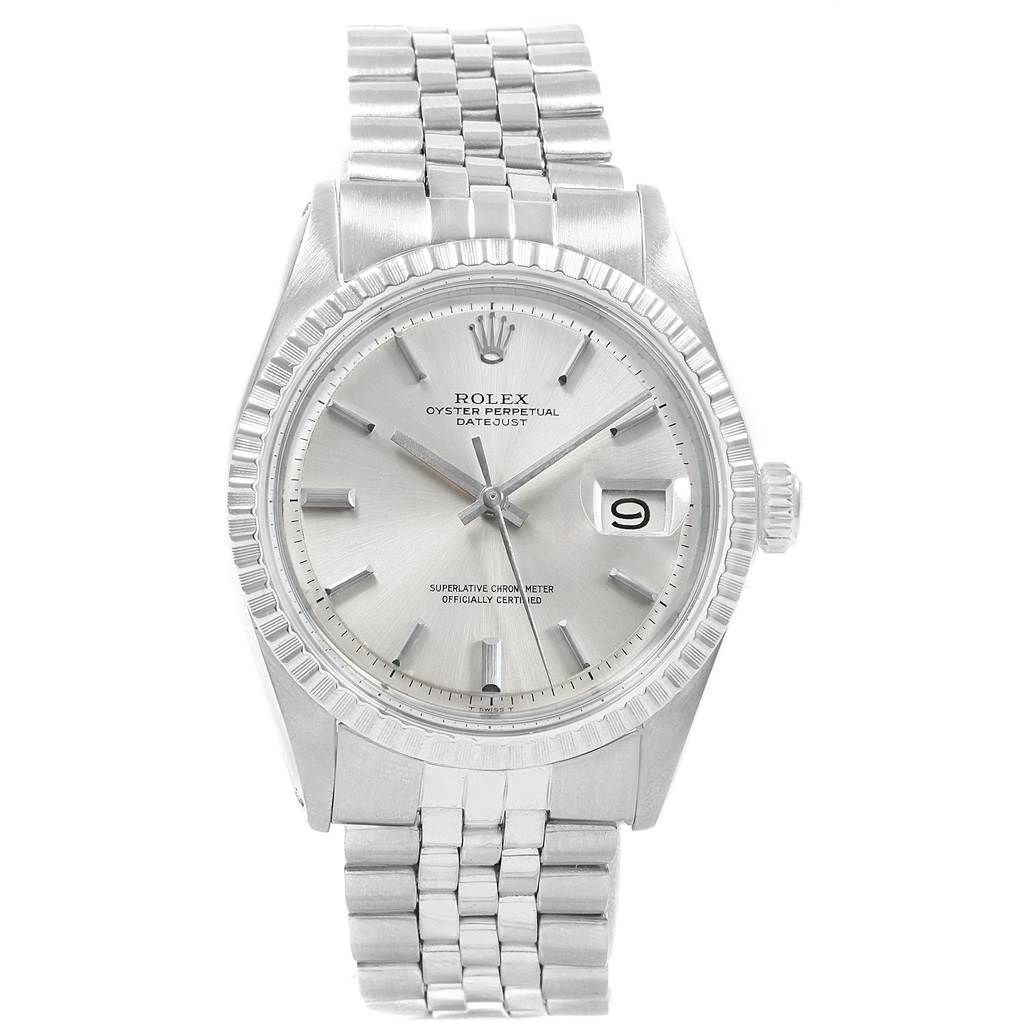 The Rolex Vintage Collection 1603 Men
s Stainless Steel Silver Dial 1603 Men
s Stainless Steel Silver Dial watch is shown from a top-down angle, displaying its dial, bi-metallic bracelet, and date window.