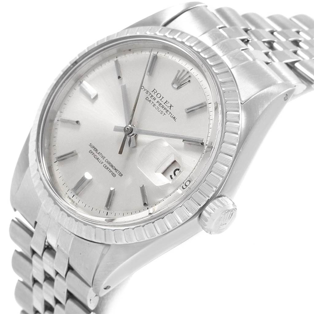 The watch is a Rolex Vintage Collection 1603 Men
s Stainless Steel Silver Dial 1603 Men
s Stainless Steel Silver Dial model, shown at an angled view displaying the face, bezel, and part of the bracelet.