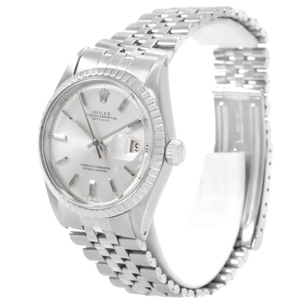 The Rolex Vintage Collection 1603 Men
s Stainless Steel Silver Dial 1603 Men
s Stainless Steel Silver Dial watch is shown from a three-quarter angle, displaying the face, crown, and metal bracelet.