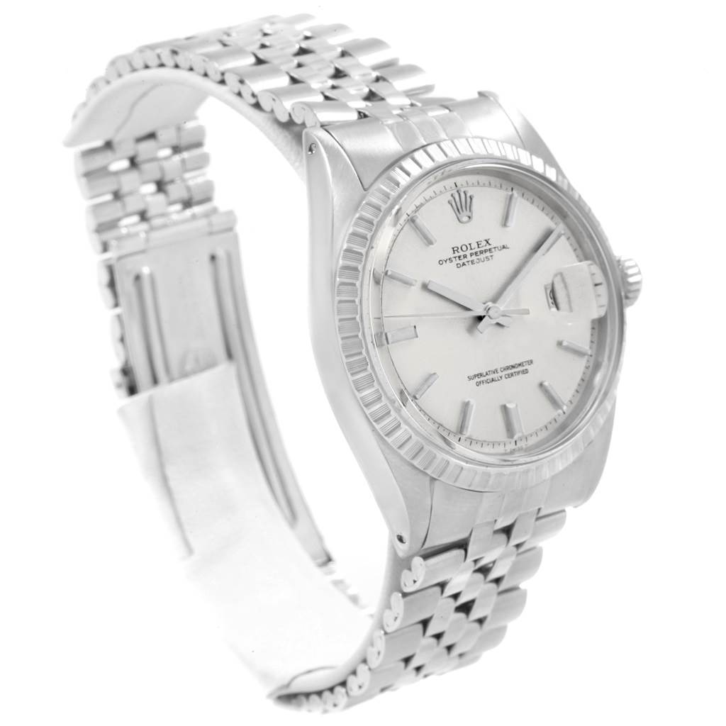 The image shows a side angle of the Rolex Vintage Collection 1603 Men
s Stainless Steel Silver Dial 1603 Men
s Stainless Steel Silver Dial watch, highlighting its bracelet, bezel, dial, and crown.