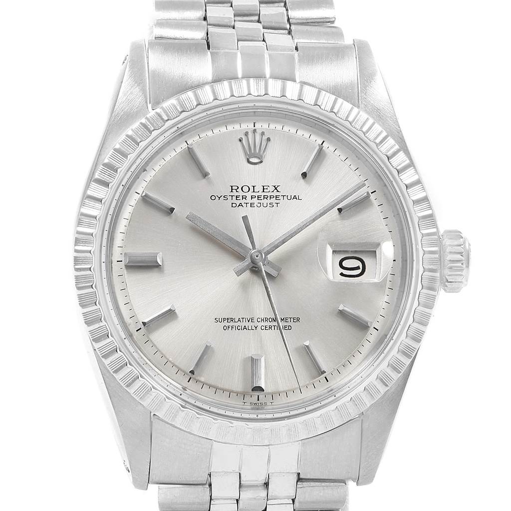 This image shows a front view of the Rolex Oyster Perpetual Datejust Vintage Collection watch, highlighting the dial, bezel, and bracelet.