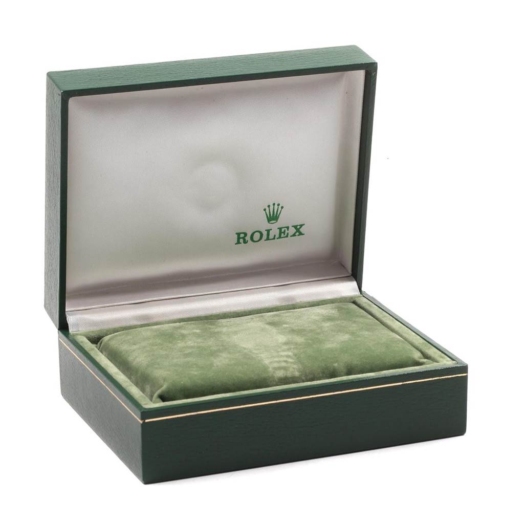 The image shows an open, empty Rolex Vintage Collection 1603 Men
s Stainless Steel Silver Dial 1603 Men
s Stainless Steel Silver Dial watch box from a slightly elevated angle.