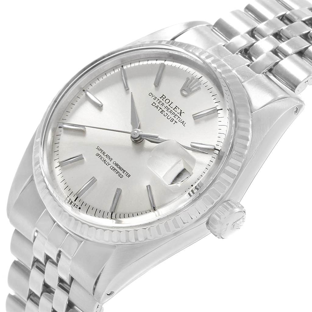 The Rolex Vintage Collection 1601 Men's Stainless Steel Silver Dial 1601 Men's Stainless Steel Silver Dial watch is shown at a tilted angle, highlighting the dial, crown, and Jubilee bracelet.