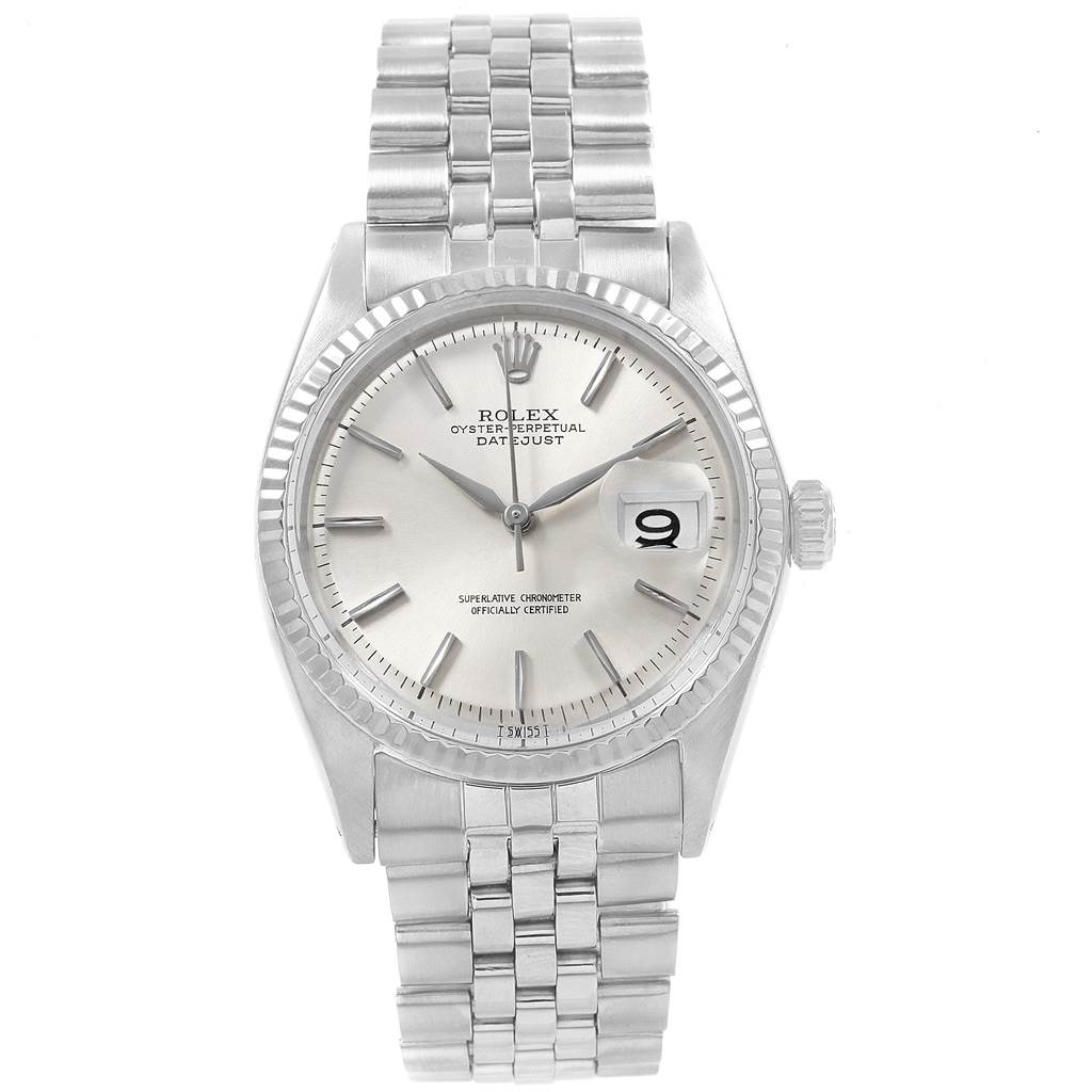 This image shows a front-facing view of the dial and bracelet of the Rolex Vintage Collection 1601 Men's Stainless Steel Silver Dial 1601 Men's Stainless Steel Silver Dial watch.