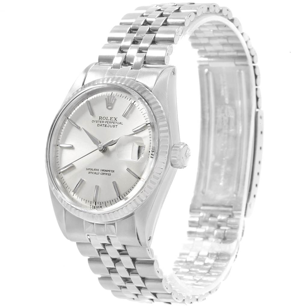 The image shows a Rolex Vintage Collection 1601 Men's Stainless Steel Silver Dial 1601 Men's Stainless Steel Silver Dial model watch from a front angle, detailing its face and bracelet.