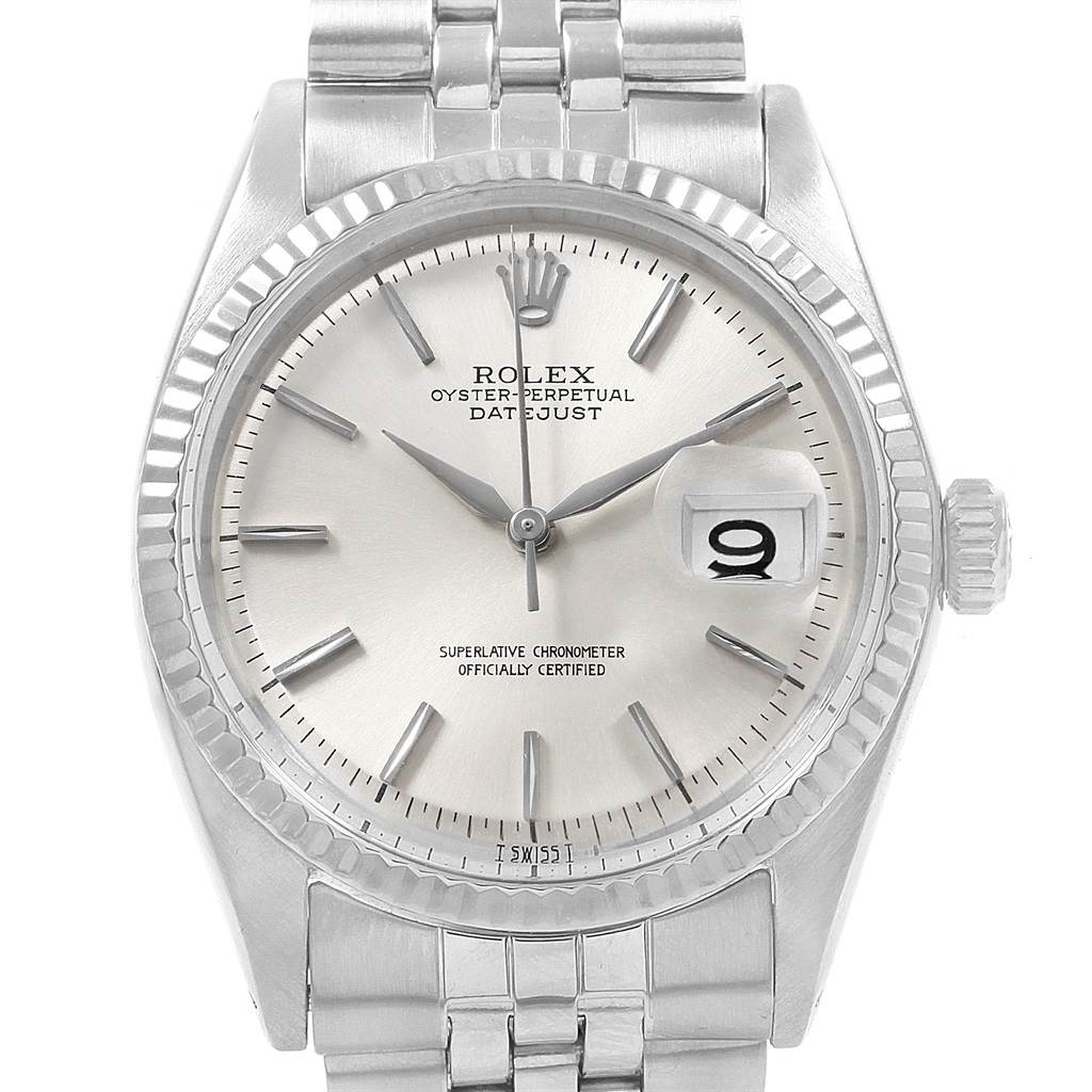 The image shows a front view of the Rolex Vintage Collection 1601 Men's Stainless Steel Silver Dial 1601 Men's Stainless Steel Silver Dial Oyster Perpetual Datejust watch, highlighting its dial, hands, date window, and bracelet.