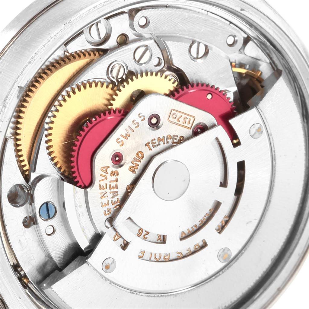 This image shows a close-up of the internal mechanism and gears of the Rolex Vintage Collection 1501 Men
s Stainless Steel Blue Dial 1501 Men
s Stainless Steel Blue Dial watch model.