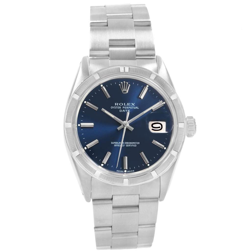 The image shows a front view of a Rolex Vintage Collection 1501 Men
s Stainless Steel Blue Dial 1501 Men
s Stainless Steel Blue Dial model, featuring its blue dial, stainless steel bracelet, and date window.