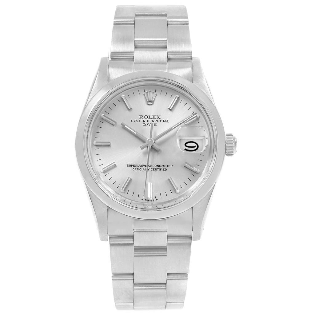 This image shows the front view of the Rolex Vintage Collection 15000 Men's Stainless Steel Silver Dial 15000 Men's Stainless Steel Silver Dial model, displaying the dial, hands, date window, and band.