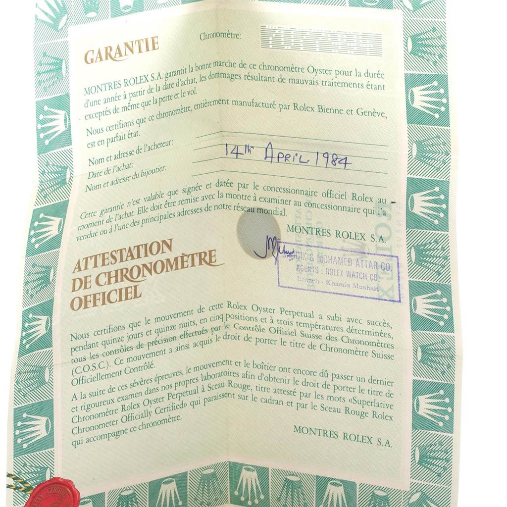 This image shows a warranty and certification document for a Vintage Collection Rolex watch, dated 14th April 1984.
