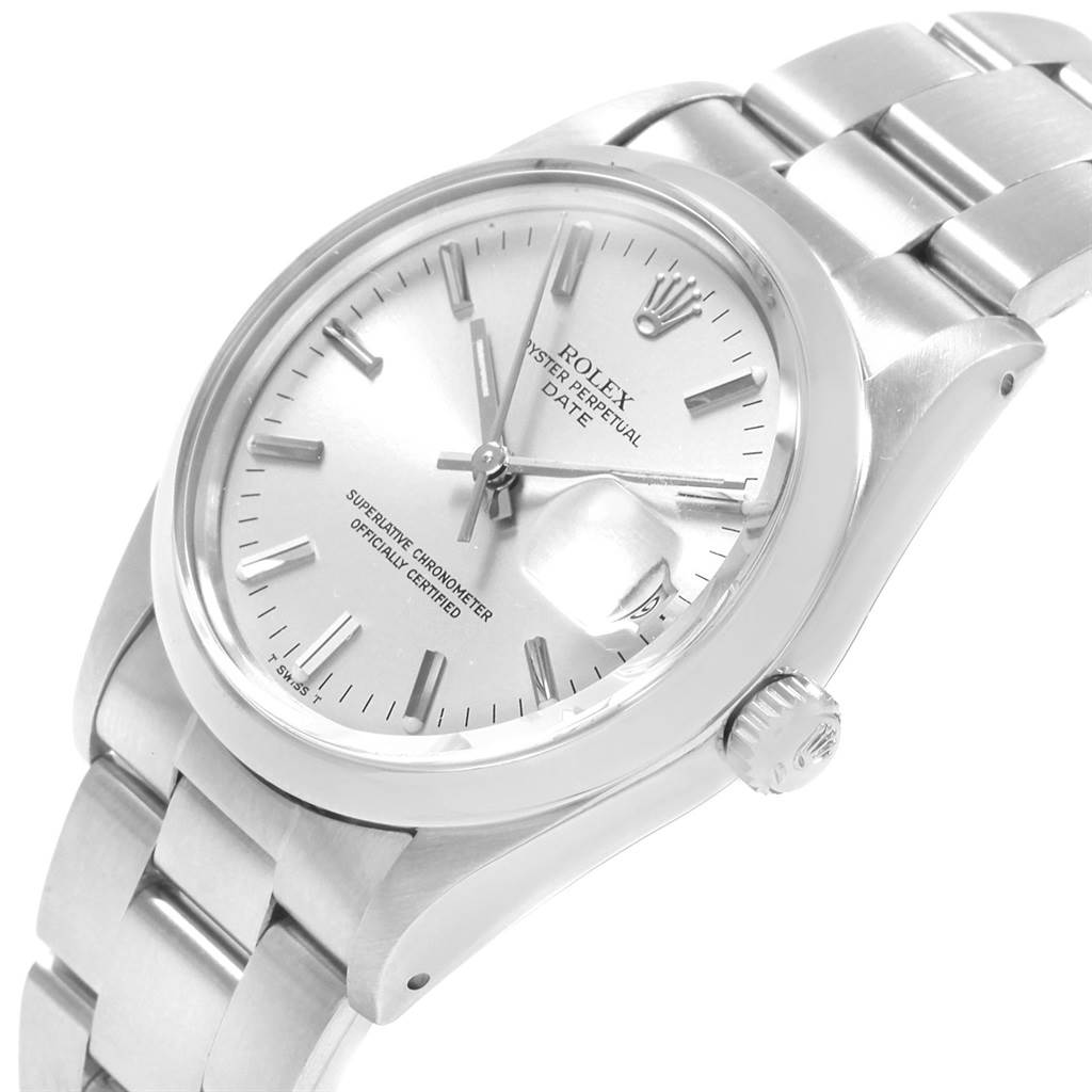 The image shows a side angle of the Rolex Vintage Collection 15000 Men's Stainless Steel Silver Dial 15000 Men's Stainless Steel Silver Dial watch, highlighting the dial, crown, and part of the bracelet.