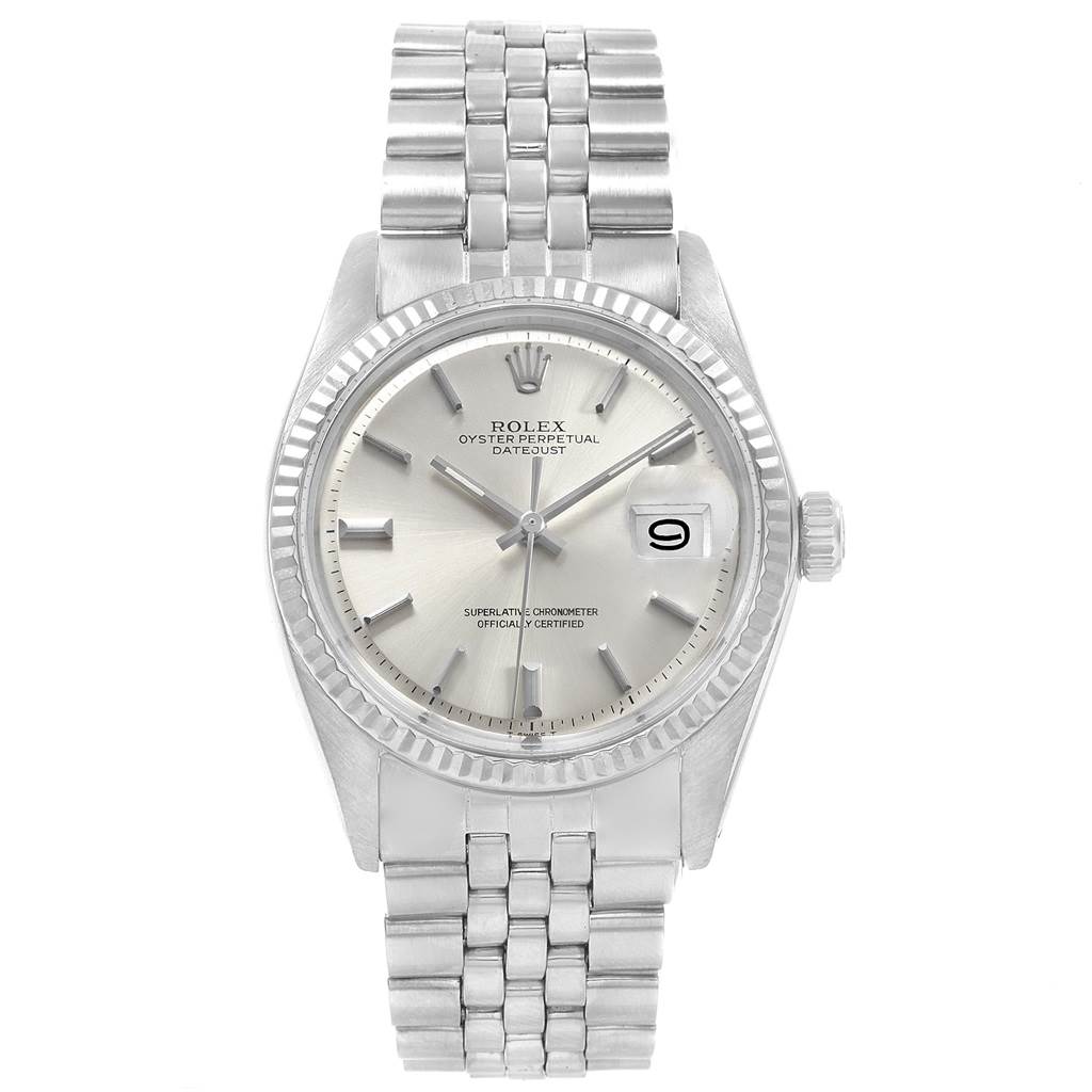 The image shows a front view of a Rolex Vintage Collection 1601 Men's Stainless Steel Silver Dial 1601 Men's Stainless Steel Silver Dial Oyster Perpetual Datejust, displaying the face, bezel, and bracelet.