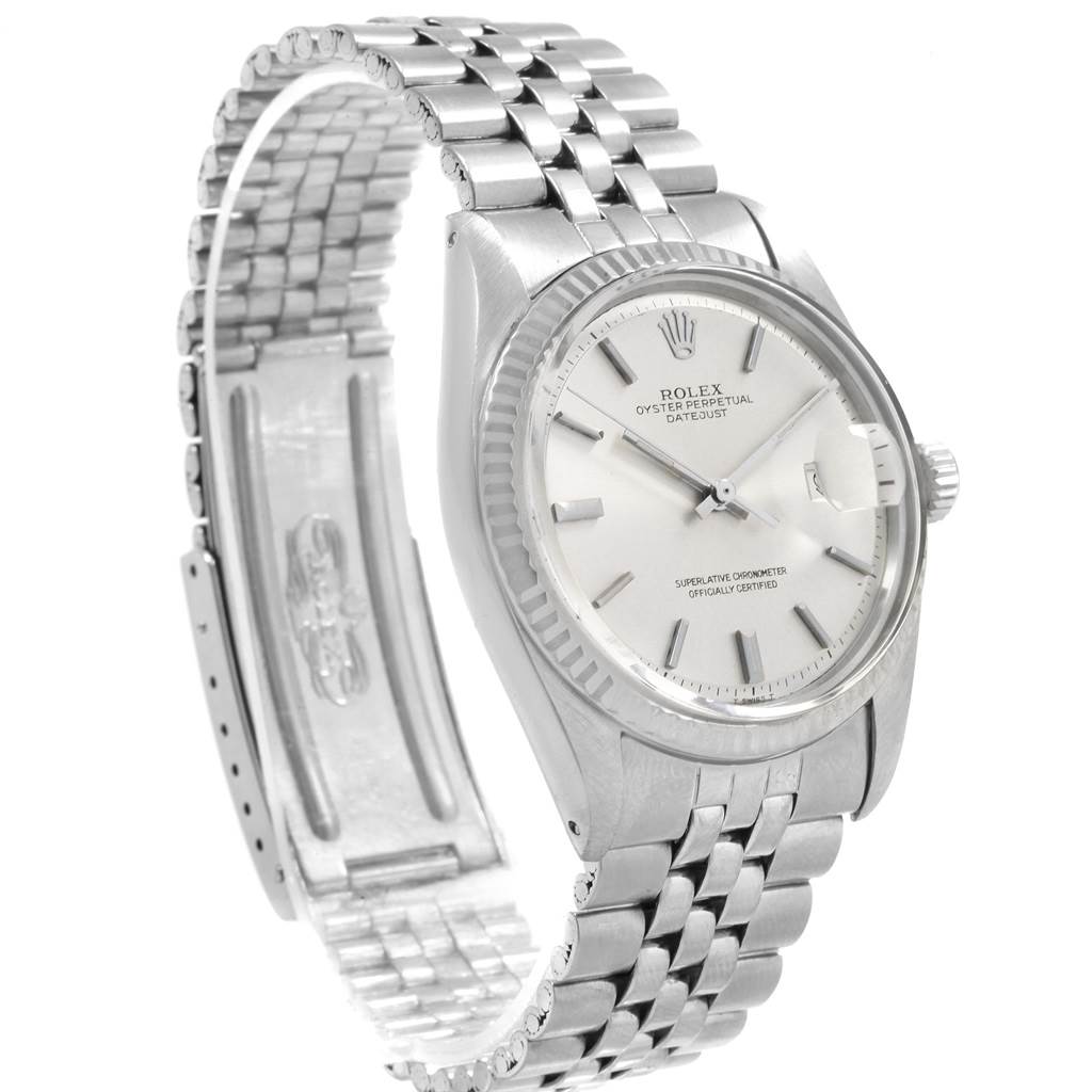 The image shows a side angle of the Rolex Vintage Collection 1601 Men's Stainless Steel Silver Dial 1601 Men's Stainless Steel Silver Dial watch, focusing on the dial, case, and partial bracelet.