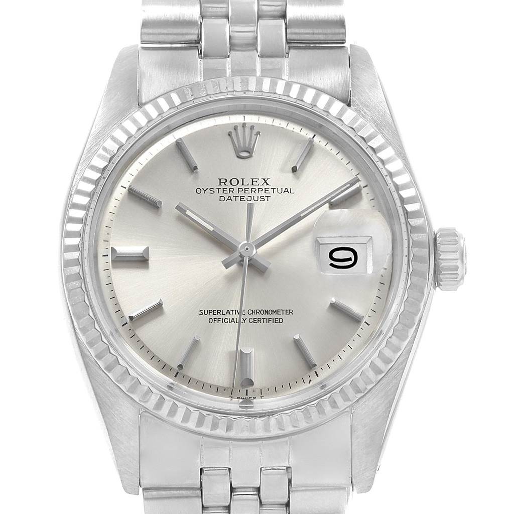 The image shows a Rolex Vintage Collection 1601 Men's Stainless Steel Silver Dial 1601 Men's Stainless Steel Silver Dial Oyster Perpetual Datejust watch from a front angle, highlighting the dial, bezel, and bracelet.