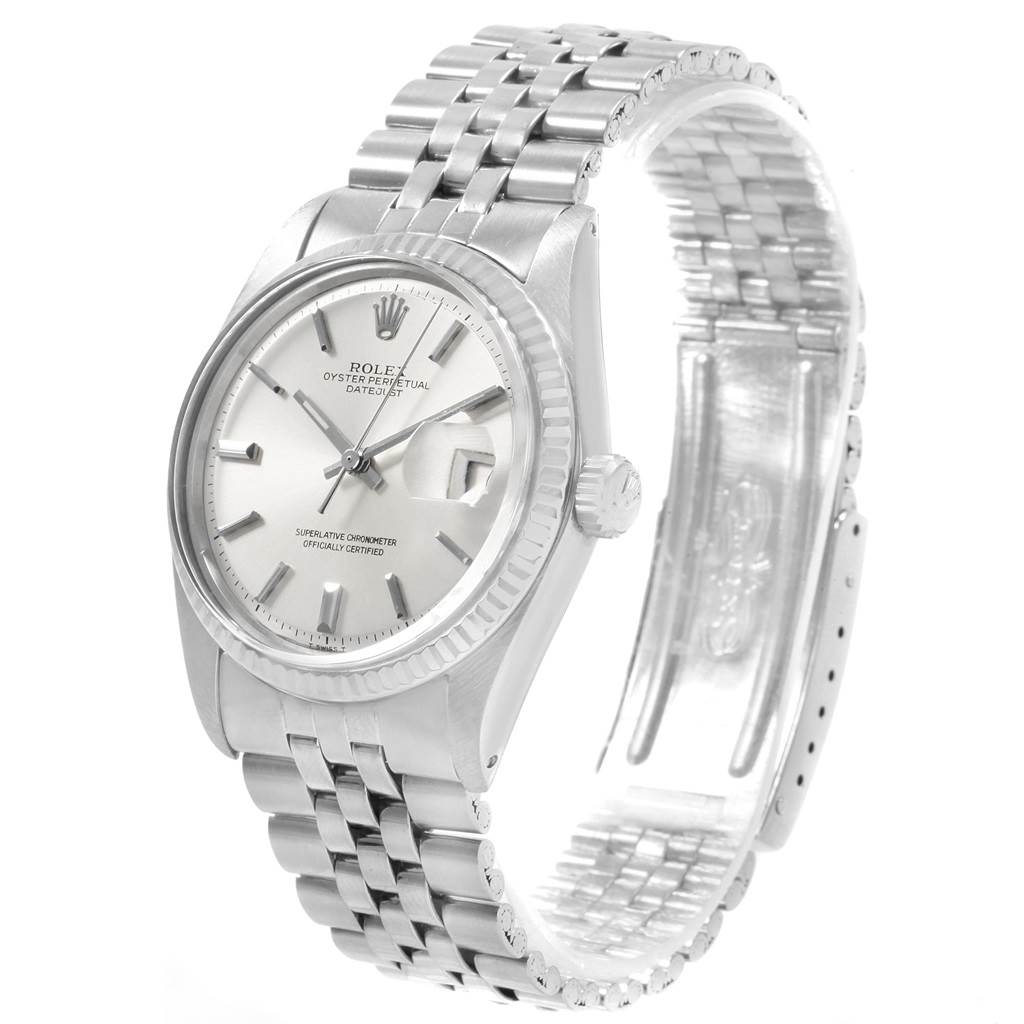 The Rolex Vintage Collection 1601 Men's Stainless Steel Silver Dial 1601 Men's Stainless Steel Silver Dial model is shown at an angle showcasing the case, dial, crown, and jubilee bracelet.