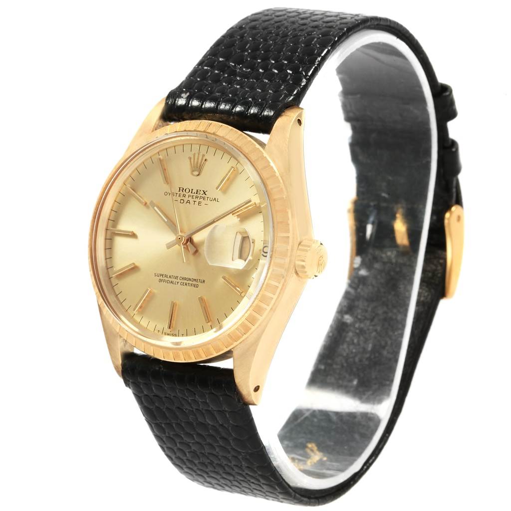The image shows a Rolex Vintage Collection 1503 Men
s Yellow Gold Champagne Dial 1503 Men
s Yellow Gold Champagne Dial watch at an angled front view, highlighting the face, bezel, and black leather strap.