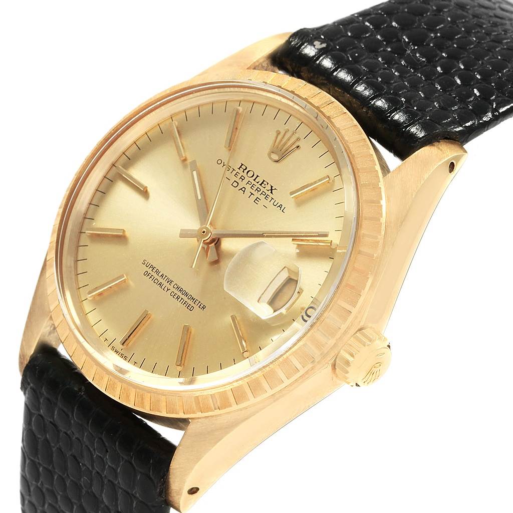 The image shows a Vintage Collection Rolex watch angled to display its dial, crown, bezel, and a portion of its black leather strap.