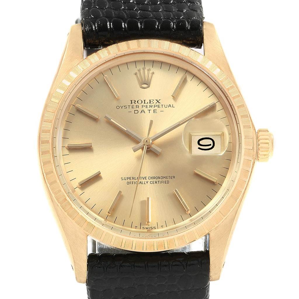 The image shows a front view of a Rolex Vintage Collection 1503 Men
s Yellow Gold Champagne Dial 1503 Men
s Yellow Gold Champagne Dial watch, displaying its dial, hands, and date window with a black leather strap.
