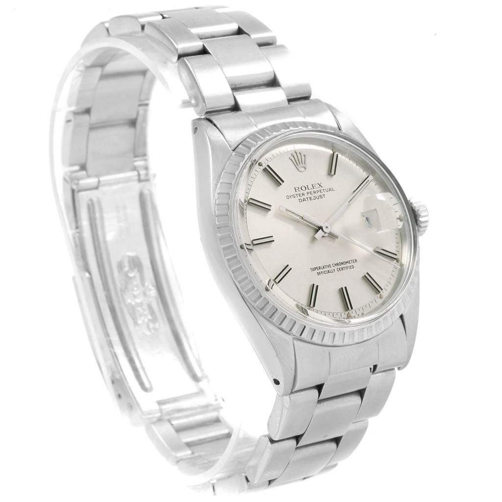 The Rolex Vintage Collection 1603 Men
s Stainless Steel Silver Dial 1603 Men
s Stainless Steel Silver Dial model is shown at a three-quarter angle, displaying its face, bezel, and metal bracelet.