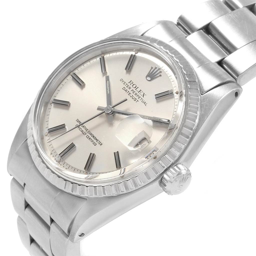 The image shows a close-up angle of the Rolex Vintage Collection 1603 Men
s Stainless Steel Silver Dial 1603 Men
s Stainless Steel Silver Dial watch, highlighting the face, bezel, crown, and part of the bracelet.