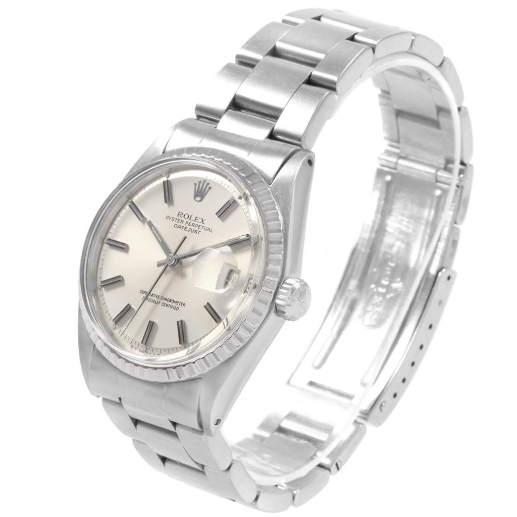 The image shows a Rolex Vintage Collection 1603 Men
s Stainless Steel Silver Dial 1603 Men
s Stainless Steel Silver Dial model at a slight left angle, highlighting its face, bezel, crown, and bracelet.