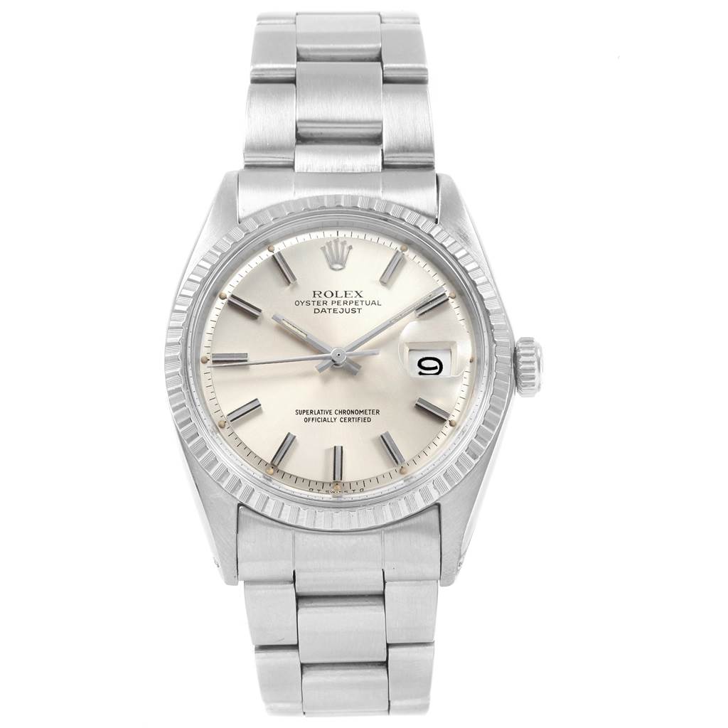 The image shows a front view of a Rolex Vintage Collection 1603 Men
s Stainless Steel Silver Dial 1603 Men
s Stainless Steel Silver Dial Oyster Perpetual Datejust, displaying its face, bezel, and bracelet band.