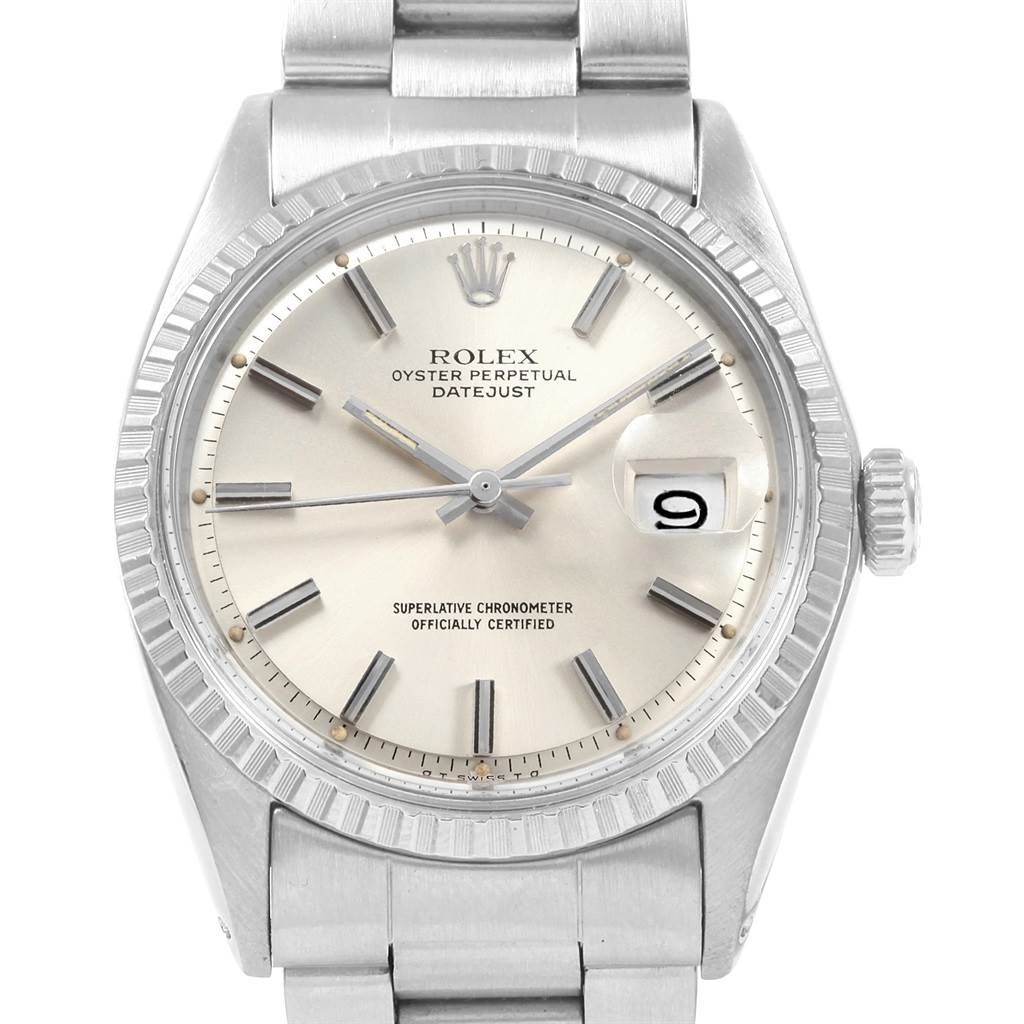 The image shows a front view of a Rolex Vintage Collection 1603 Men
s Stainless Steel Silver Dial 1603 Men
s Stainless Steel Silver Dial Oyster Perpetual Datejust watch, highlighting the dial, hour markers, hands, date window, and bracelet.