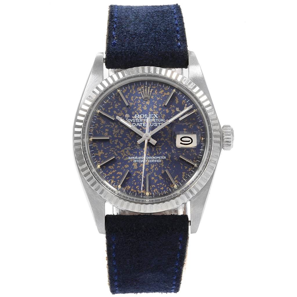 This Rolex Vintage Collection 16014 Men
s Stainless Steel Blue Dial 16014 Men
s Stainless Steel Blue Dial model is shown from a front angle, highlighting its blue-dial face, fluted bezel, and date window.