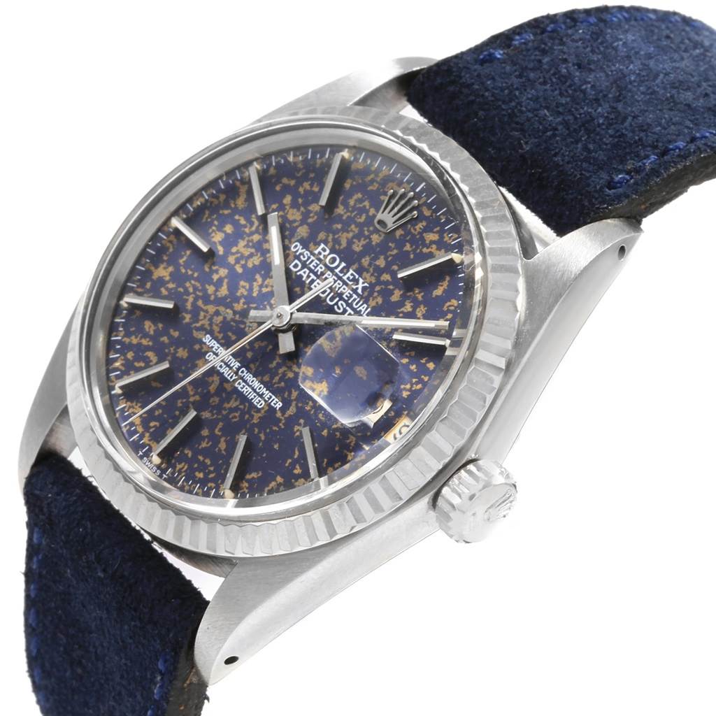 The image shows a Rolex Vintage Collection 16014 Men
s Stainless Steel Blue Dial 16014 Men
s Stainless Steel Blue Dial model watch angled to display the dial, bezel, crown, and part of the strap.